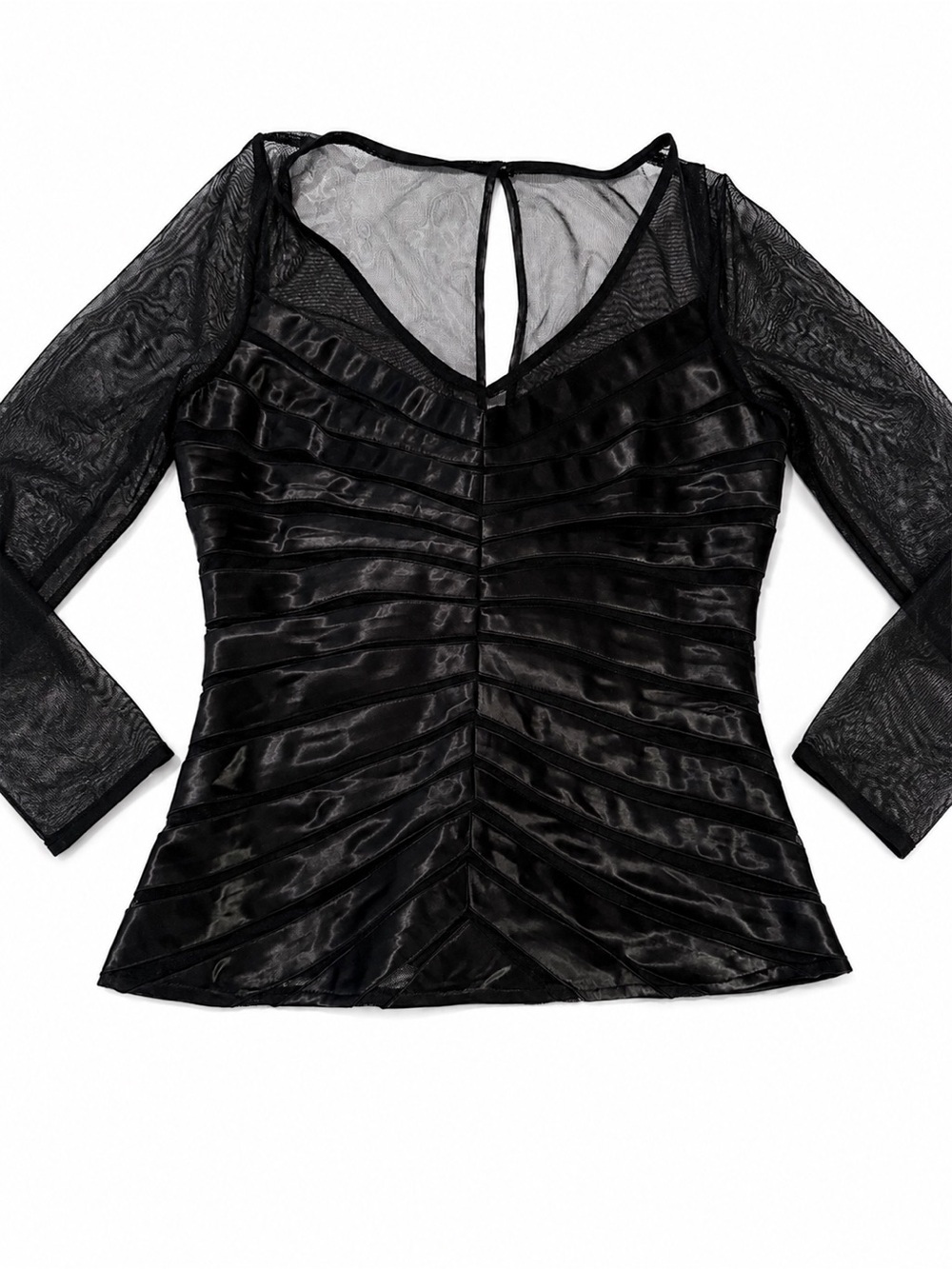 Dress Barn Black Sheer Mesh and Satin Stripe V-Neck Top